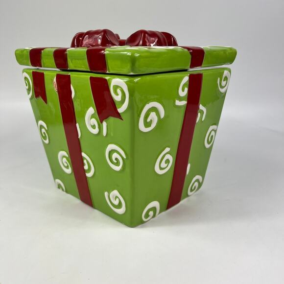 Ceramic Gift Box Canister Christmas Present Cookie Jar Green Red Ribbon Ceramic - Picture 5 of 16
